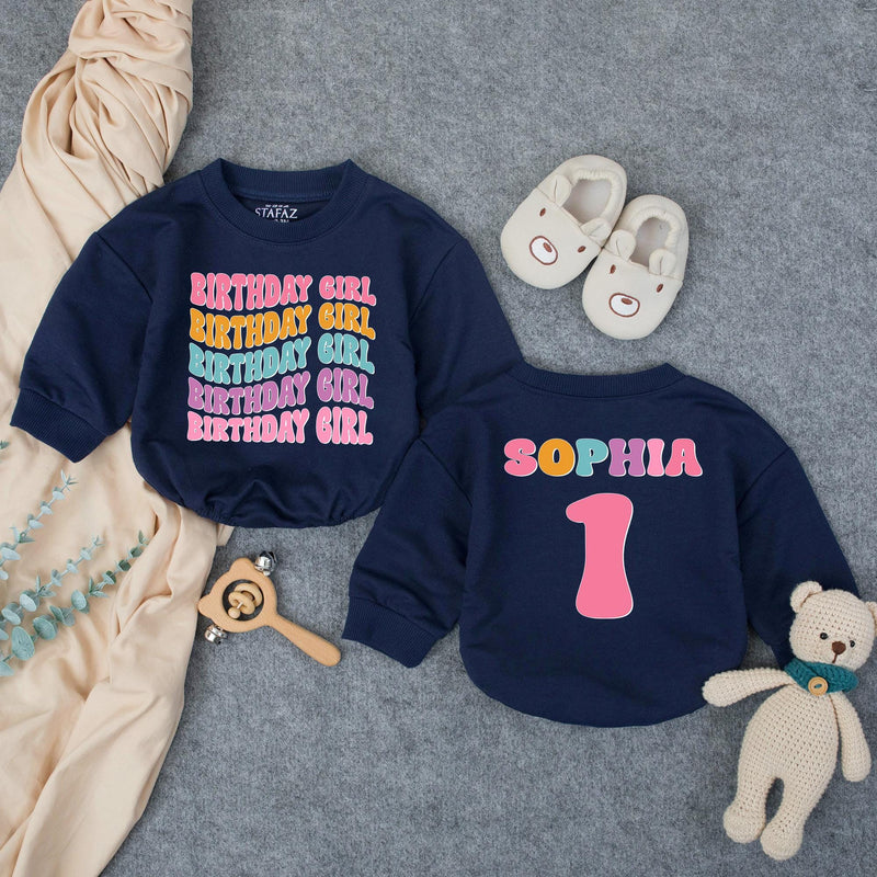 Personalized Birthday Girl Bubble Romper for Baby's 1st Birthday Celebration Retro 70s Style Milestone Outfit with Custom Name Design