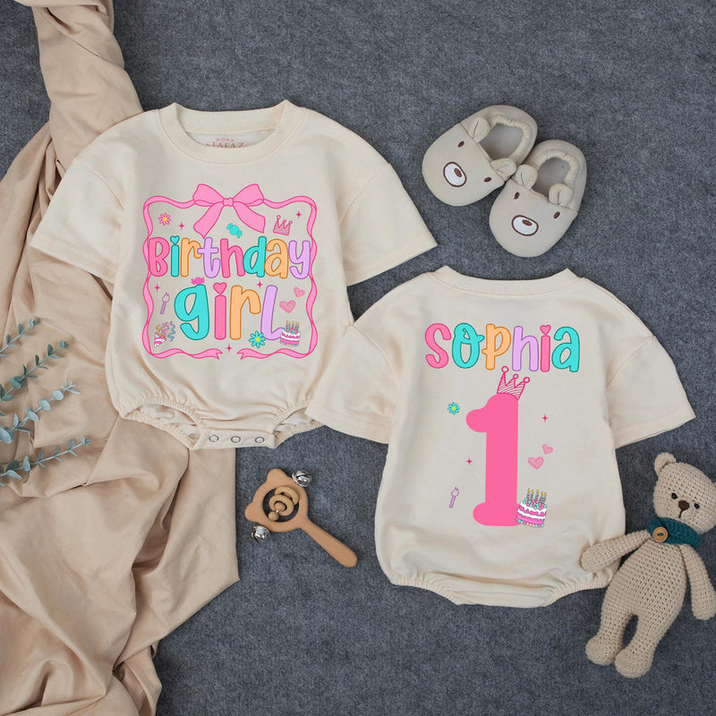 Personalized Birthday Girl Bubble Romper with Name and Age First Birthday Outfit for Baby Girl Playful Pink Design Milestone Party Clothes