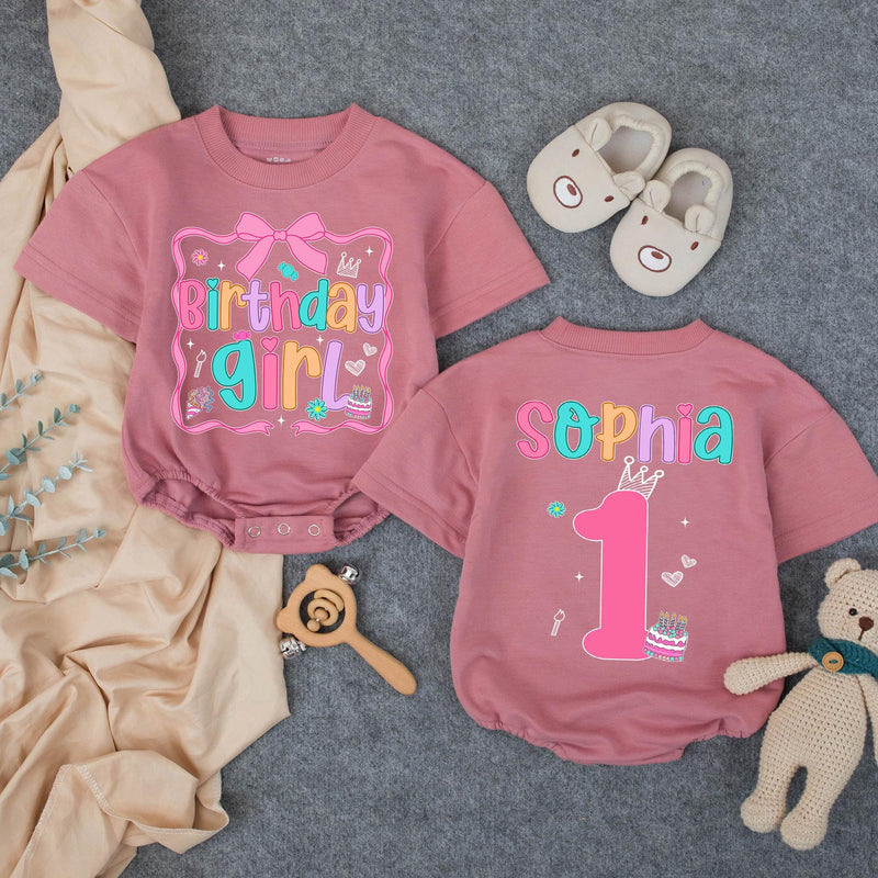 Personalized Birthday Girl Bubble Romper with Name and Age First Birthday Outfit for Baby Girl Playful Pink Design Milestone Party Clothes