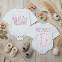 Personalized Birthday Girl Bubble Romper with Name and Age, Soft Cotton 1st Birthday Outfit for Baby Girl, Playful Multi-Color Design