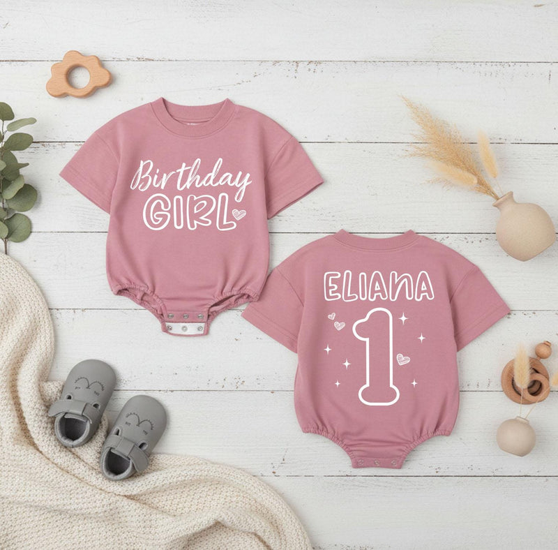 Personalized Birthday Girl Bubble Romper with Name and Age, Soft Cotton 1st Birthday Outfit for Baby Girl, Playful Multi-Color Design