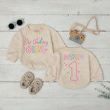 Personalized Birthday Girl Bubble Romper with Name and Age, Soft Cotton 1st Birthday Outfit for Baby Girl, Playful Multi-Color Design