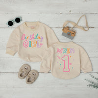Personalized Birthday Girl Bubble Romper with Name and Age, Soft Cotton 1st Birthday Outfit for Baby Girl, Playful Multi-Color Design