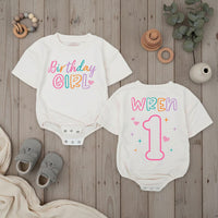 Personalized Birthday Girl Bubble Romper with Name and Age, Soft Cotton 1st Birthday Outfit for Baby Girl, Playful Multi-Color Design