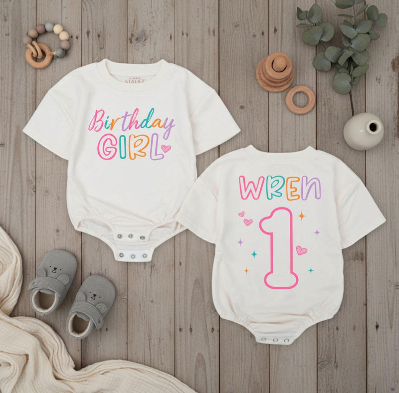 Personalized Birthday Girl Bubble Romper with Name and Age, Soft Cotton 1st Birthday Outfit for Baby Girl, Playful Multi-Color Design