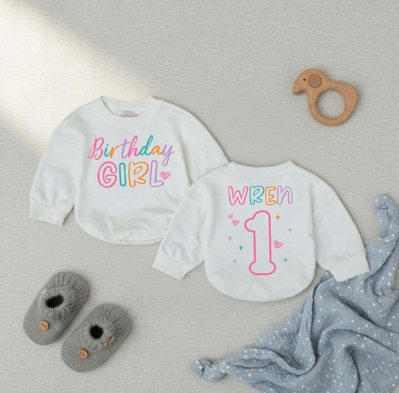 Personalized Birthday Girl Bubble Romper with Name and Age, Soft Cotton 1st Birthday Outfit for Baby Girl, Playful Multi-Color Design