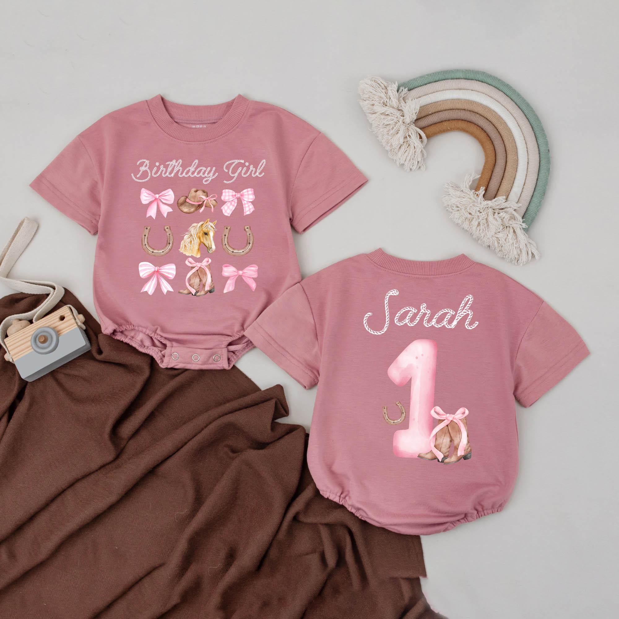 Personalized Birthday Girl Cowgirl Romper for Baby with Soft Pastel Western Theme Custom Name First Rodeo Outfit Pink Horseshoe Boots