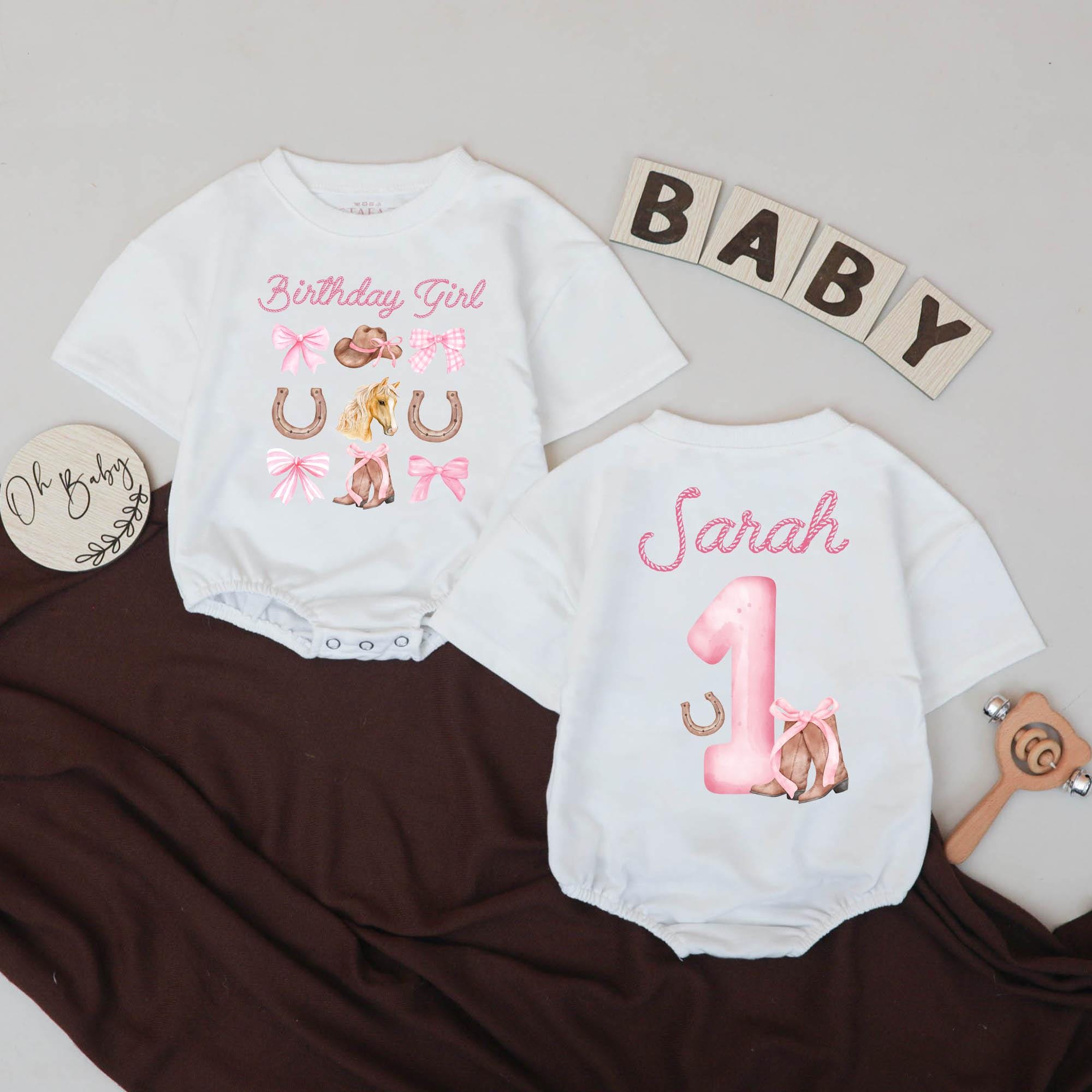 Personalized Birthday Girl Cowgirl Romper for Baby with Soft Pastel Western Theme Custom Name First Rodeo Outfit Pink Horseshoe Boots