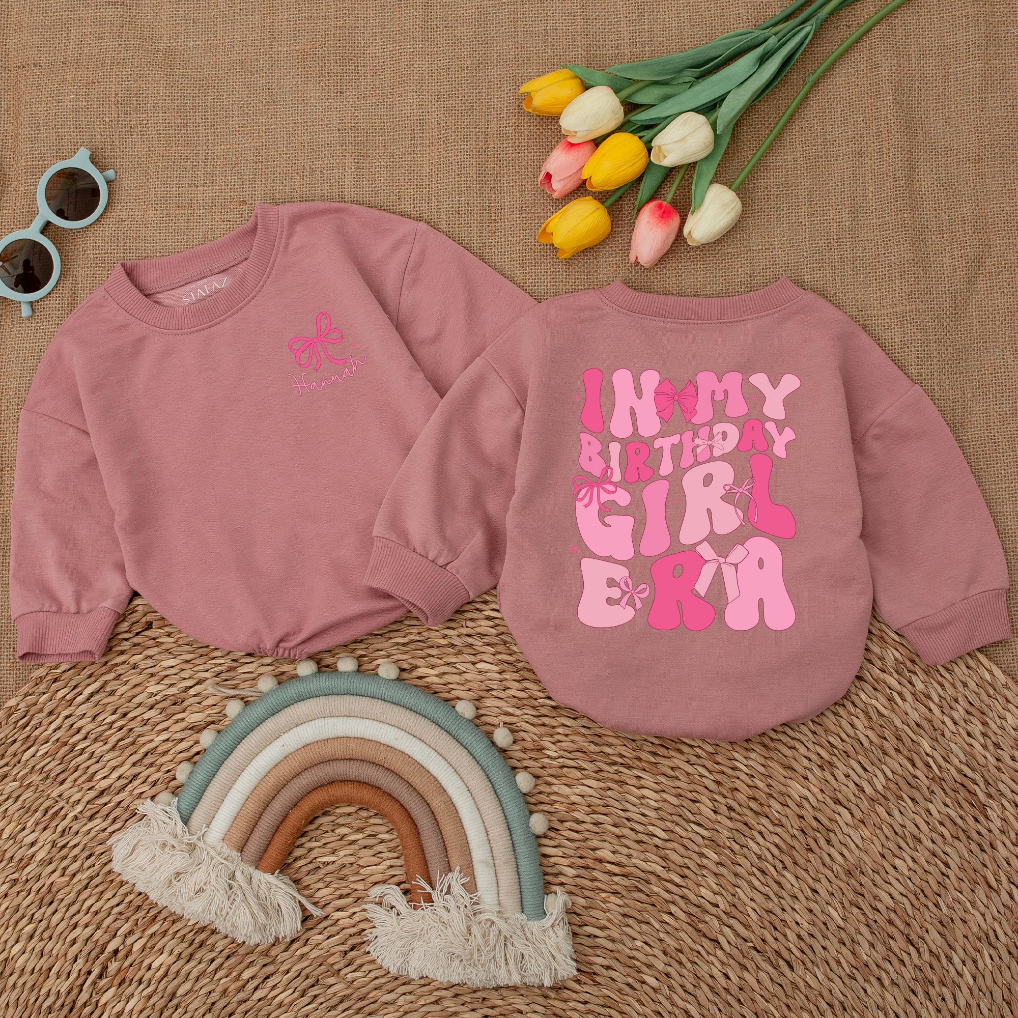 Personalized Birthday Girl Era Romper with Pink Bow Baby Outfit Celebratory Bubble Letters Infant Party Clothes Gift Custom Name