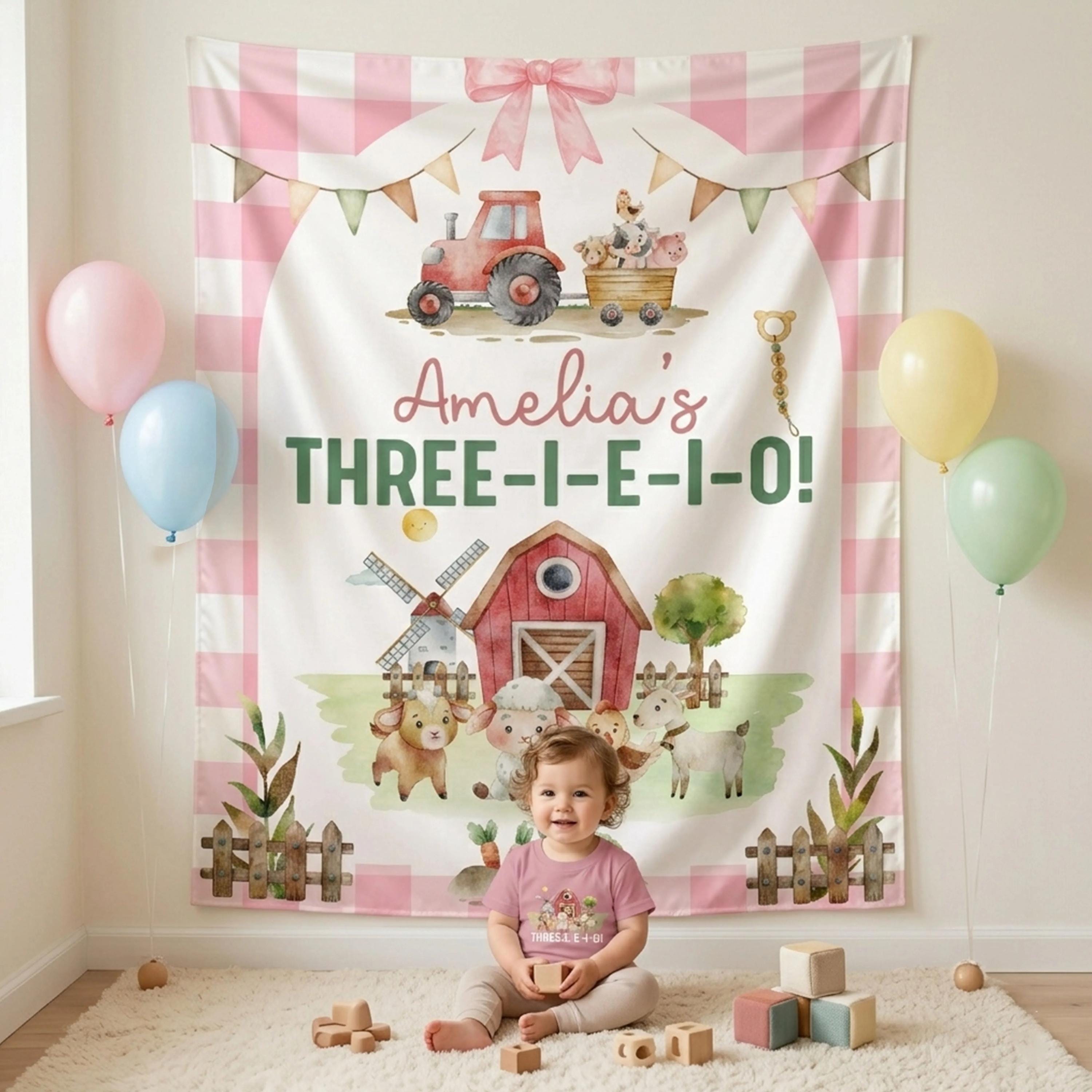 Personalized Birthday Girl Outfit with Farm Theme Tractor Romper and Silk Banner, 3rd Birthday Party Barnyard Animals Design Toddler Gift