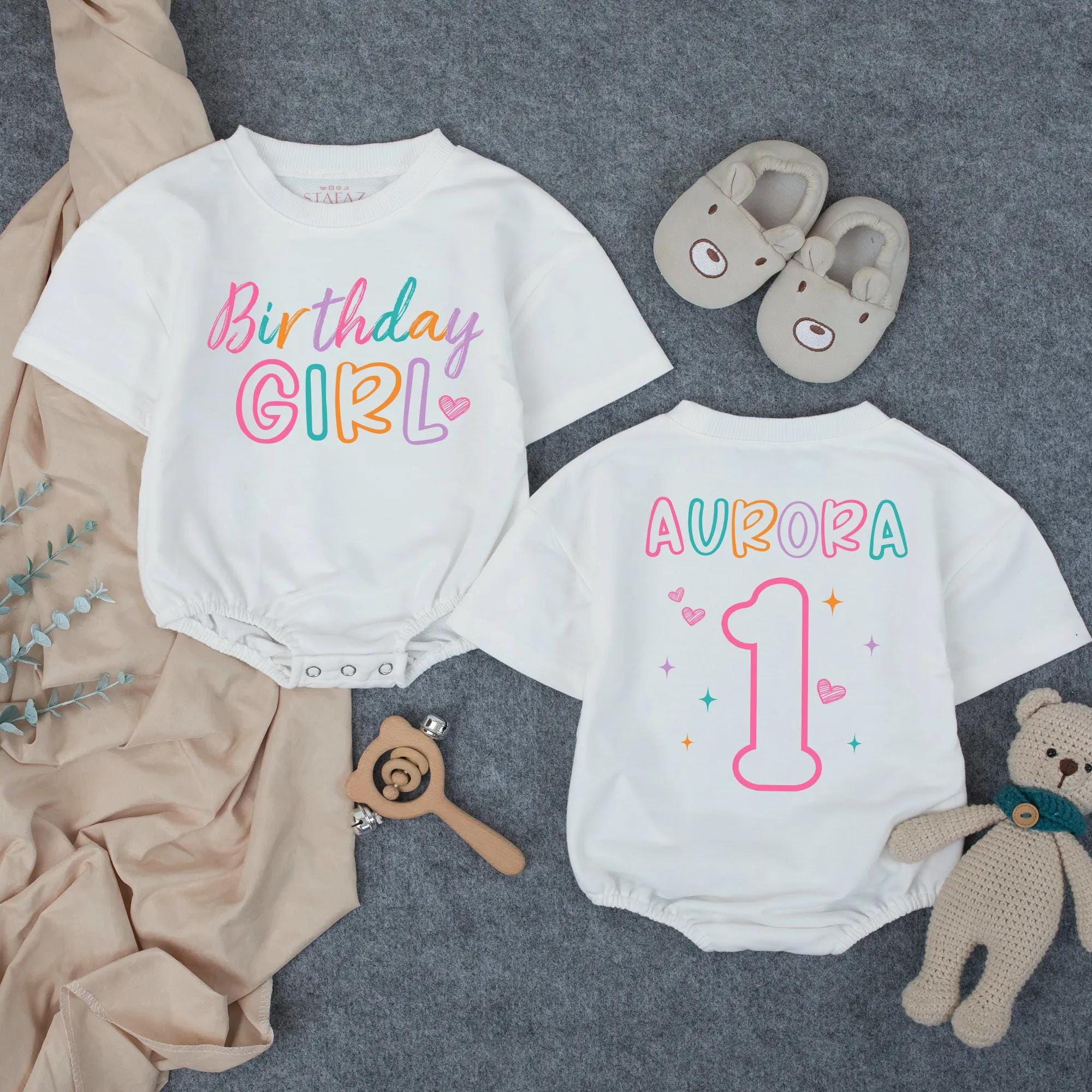 Personalized Birthday Girl Romper with Name and Age Bubble Design First Birthday Outfit Baby Girl Celebration Clothes Pink Teal Purple Comfortable