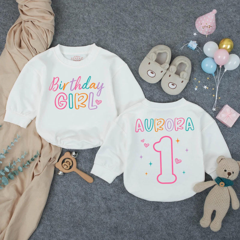 Personalized Birthday Girl Romper with Name and Age, Soft Cotton Baby Outfit for 1st Birthday Milestone, Custom Long Sleeve Infant Bodysuit