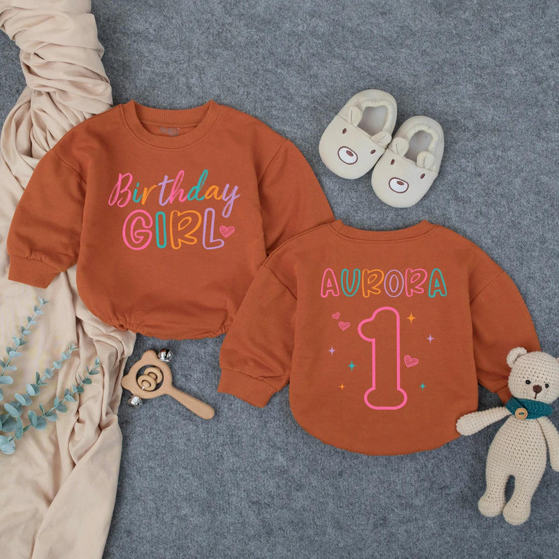 Personalized Birthday Girl Romper with Name and Age, Soft Cotton Baby Outfit for 1st Birthday Milestone, Custom Long Sleeve Infant Bodysuit