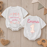 Personalized Birthday Girl Romper with Pink Bow & Floral Design, Baby's First Birthday Outfit, Cake Smash Cotton Bodysuit