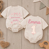 Personalized Birthday Girl Romper with Pink Bow & Floral Design, Baby's First Birthday Outfit, Cake Smash Cotton Bodysuit