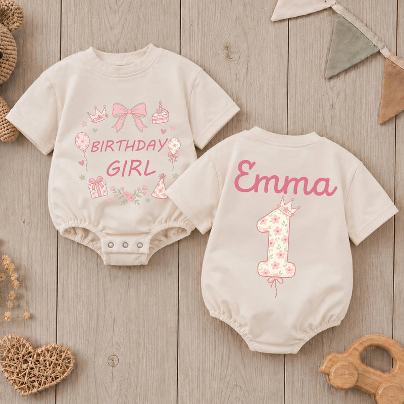 Personalized Birthday Girl Romper with Pink Bow & Floral Design, Baby's First Birthday Outfit, Cake Smash Cotton Bodysuit