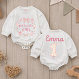 Personalized Birthday Girl Romper with Pink Bow & Floral Design, Baby's First Birthday Outfit, Cake Smash Cotton Bodysuit