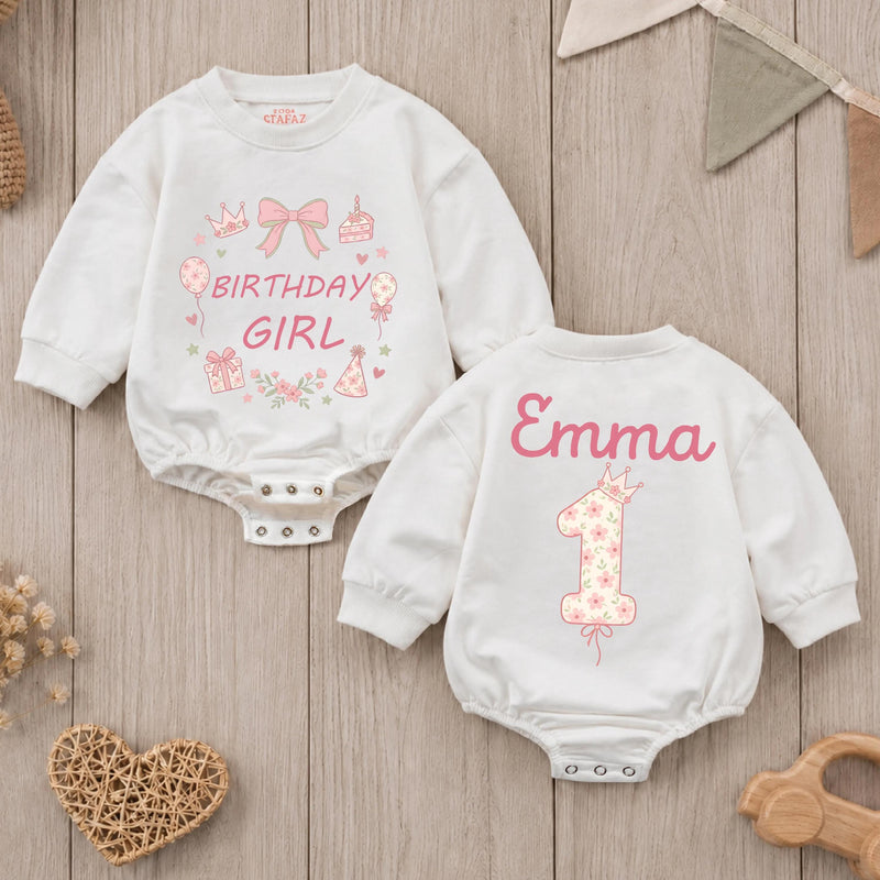 Personalized Birthday Girl Romper with Pink Bow & Floral Design, Baby's First Birthday Outfit, Cake Smash Cotton Bodysuit