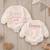 Personalized Birthday Girl Romper with Pink Bow & Floral Design, Baby's First Birthday Outfit, Cake Smash Cotton Bodysuit