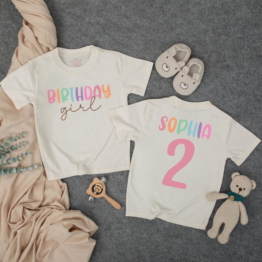 Personalized Birthday Girl Shirt with Colorful Name and Number Design Custom Toddler Outfit for Party Baby Romper Pink Blue Purple Gift