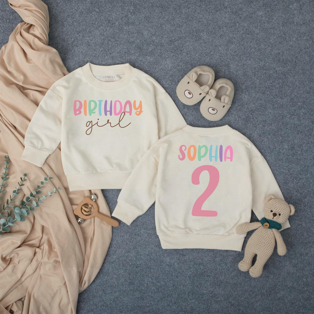 Personalized Birthday Girl Shirt with Colorful Name and Number Design Custom Toddler Outfit for Party Baby Romper Pink Blue Purple Gift