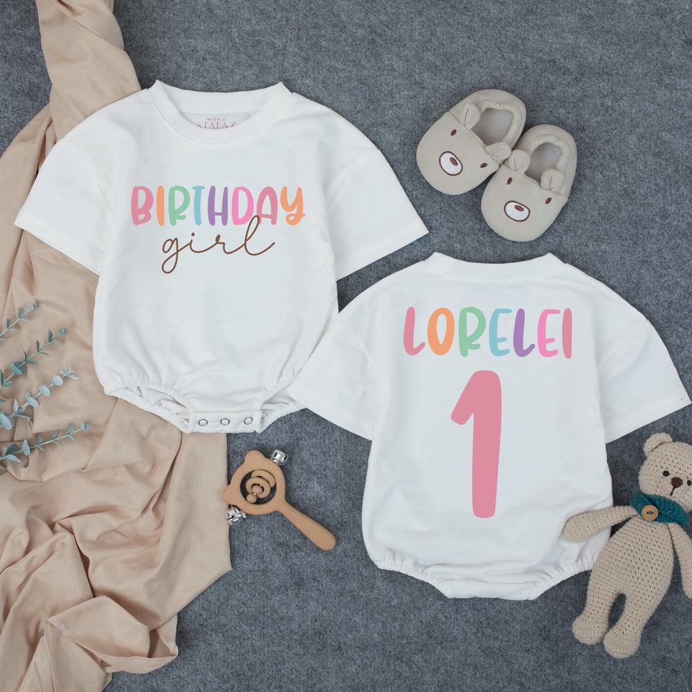 Personalized Birthday Girl Shirt with Colorful Name and Number Design Custom Toddler Outfit for Party Baby Romper Pink Blue Purple Gift