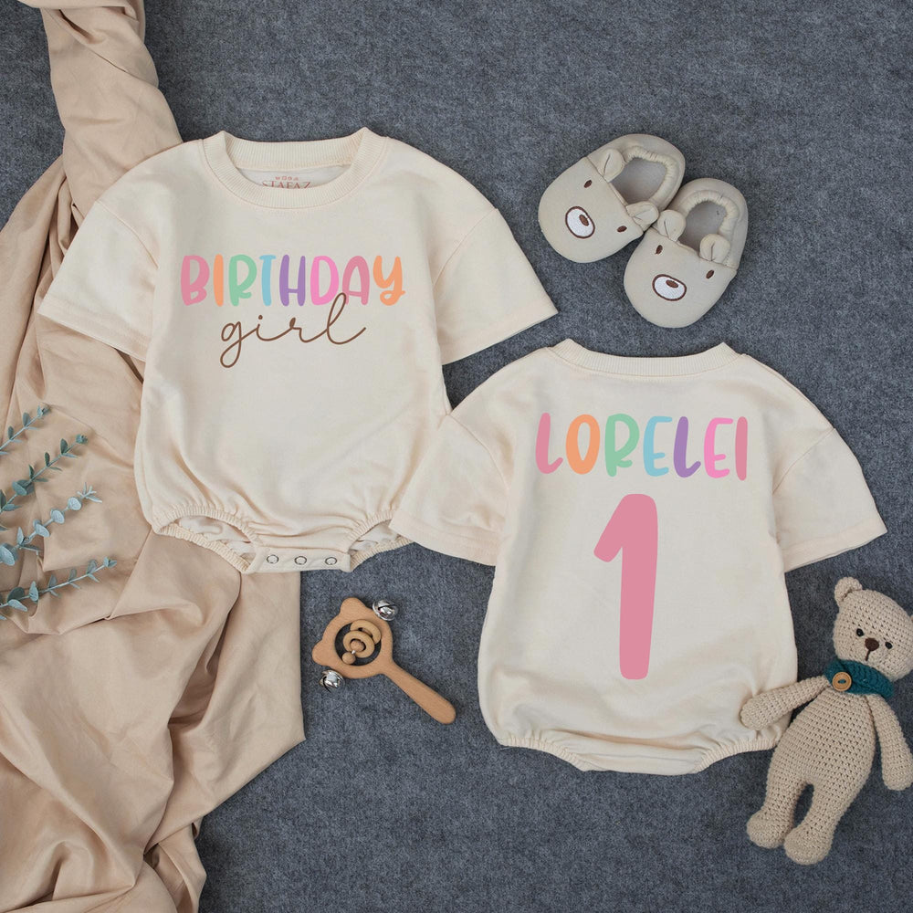 Personalized Birthday Girl Shirt with Colorful Name and Number Design Custom Toddler Outfit for Party Baby Romper Pink Blue Purple Gift