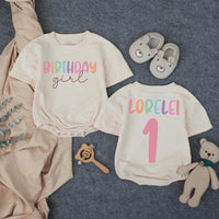 Personalized Birthday Girl Shirt with Colorful Name and Number Design Custom Toddler Outfit for Party Baby Romper Pink Blue Purple Gift