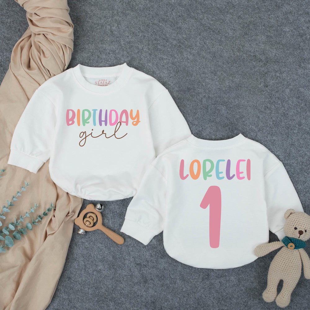 Personalized Birthday Girl Shirt with Colorful Name and Number Design Custom Toddler Outfit for Party Baby Romper Pink Blue Purple Gift