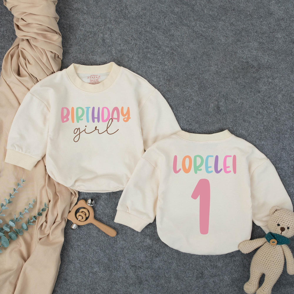 Personalized Birthday Girl Shirt with Colorful Name and Number Design Custom Toddler Outfit for Party Baby Romper Pink Blue Purple Gift