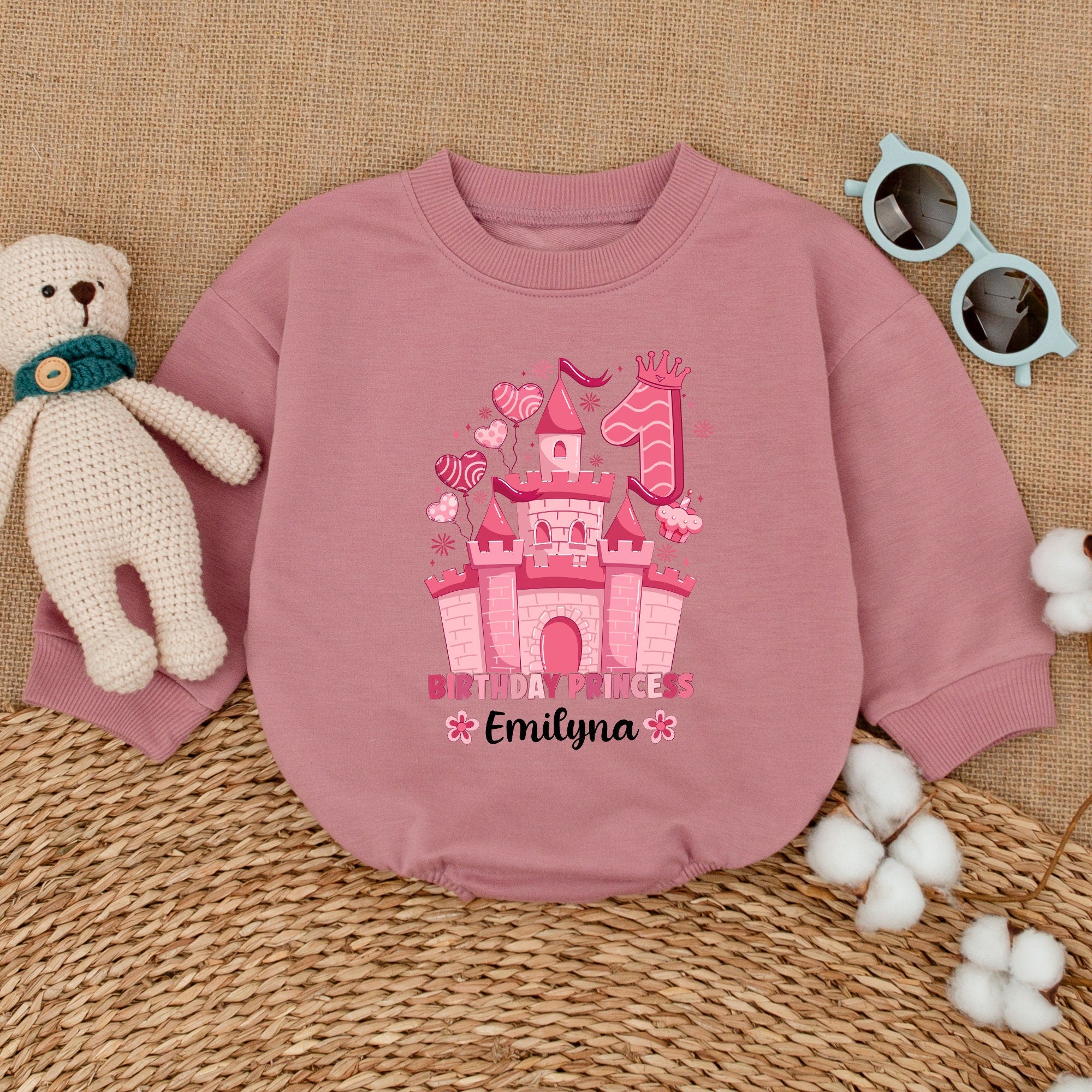 Personalized Birthday Princess Romper with Pink Castle Design First Birthday Outfit Emilyna's Special Day Soft Cotton Baby Gift