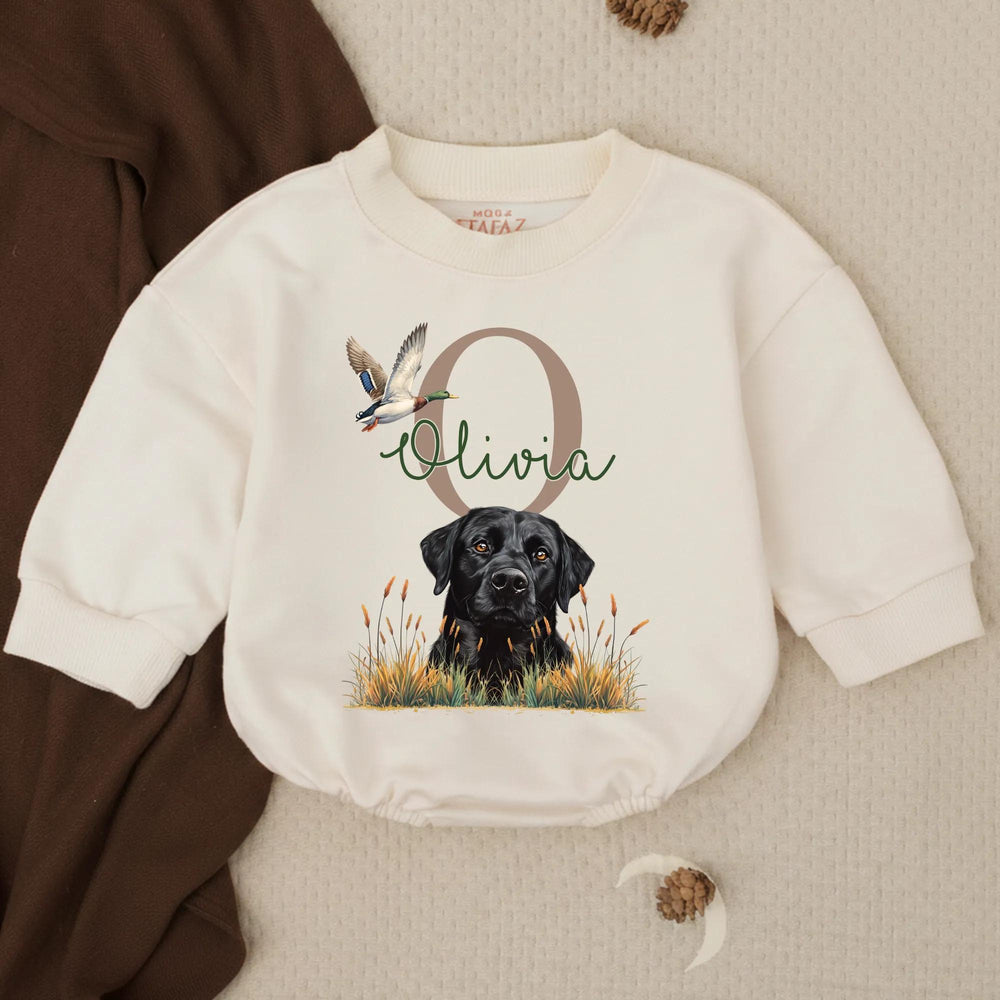 Personalized Black Lab Baby Romper with Mallard Duck Design, Hunting-Themed Outfit for Girls, Custom Name, Soft Cotton Infant Clothes