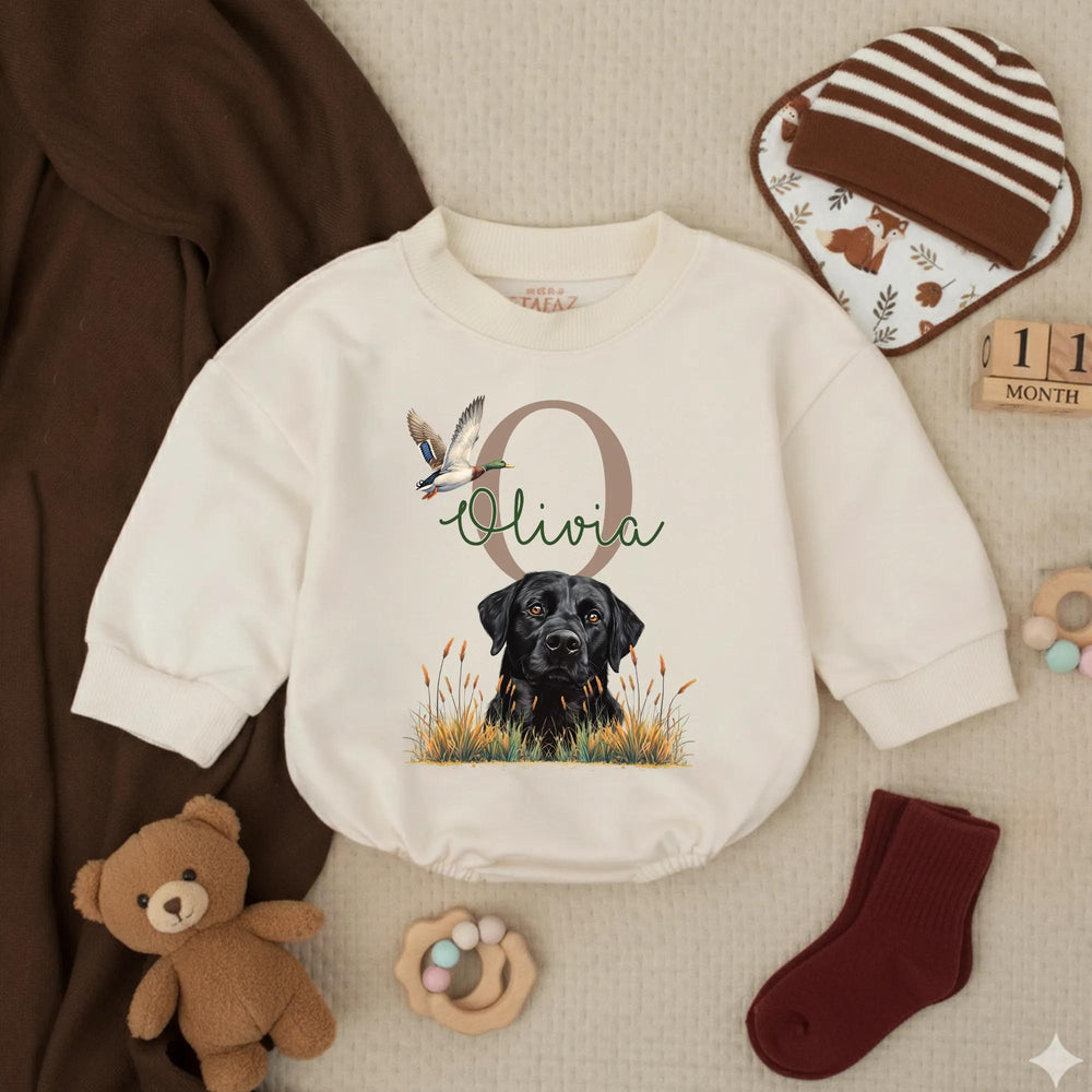 Personalized Black Lab Baby Romper with Mallard Duck Design, Hunting-Themed Outfit for Girls, Custom Name, Soft Cotton Infant Clothes