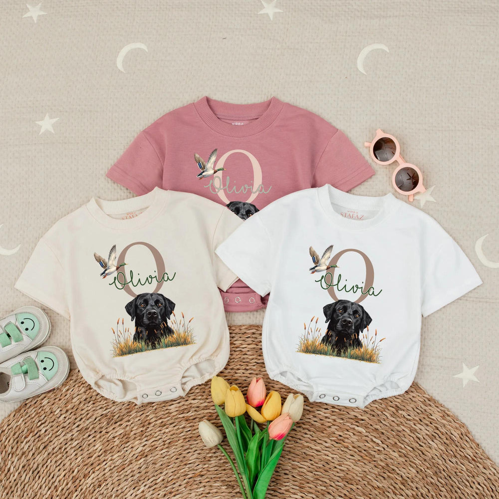 Personalized Black Lab Baby Romper with Mallard Duck Design, Hunting-Themed Outfit for Girls, Custom Name, Soft Cotton Infant Clothes