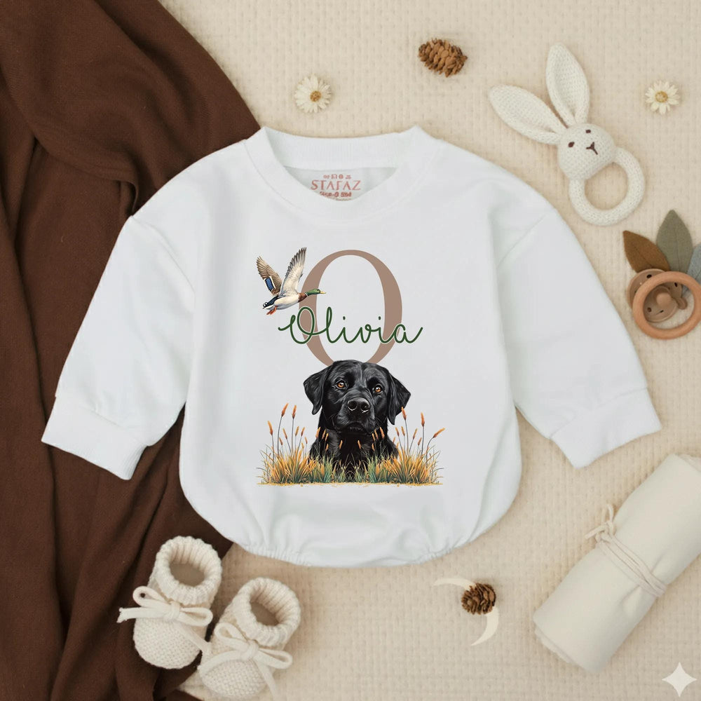 Personalized Black Lab Baby Romper with Mallard Duck Design, Hunting-Themed Outfit for Girls, Custom Name, Soft Cotton Infant Clothes