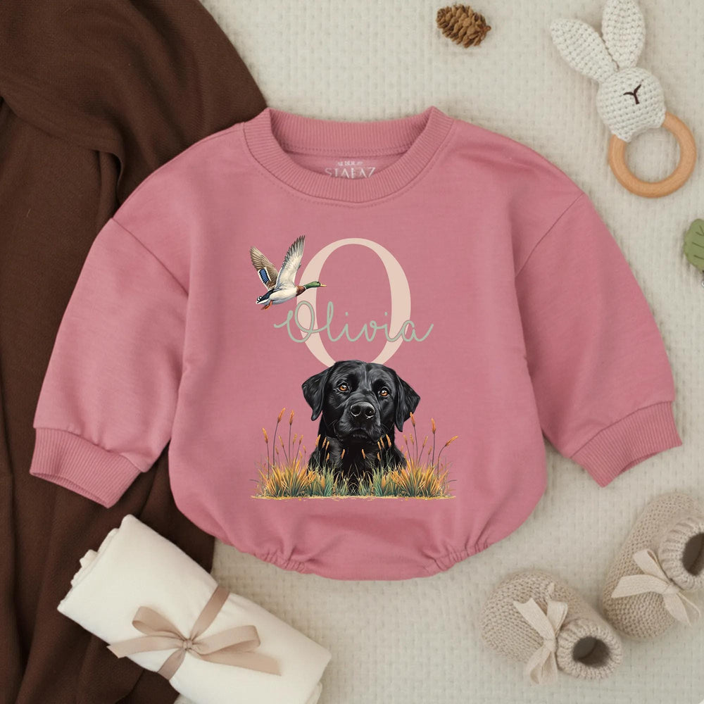 Personalized Black Lab Baby Romper with Mallard Duck Design, Hunting-Themed Outfit for Girls, Custom Name, Soft Cotton Infant Clothes
