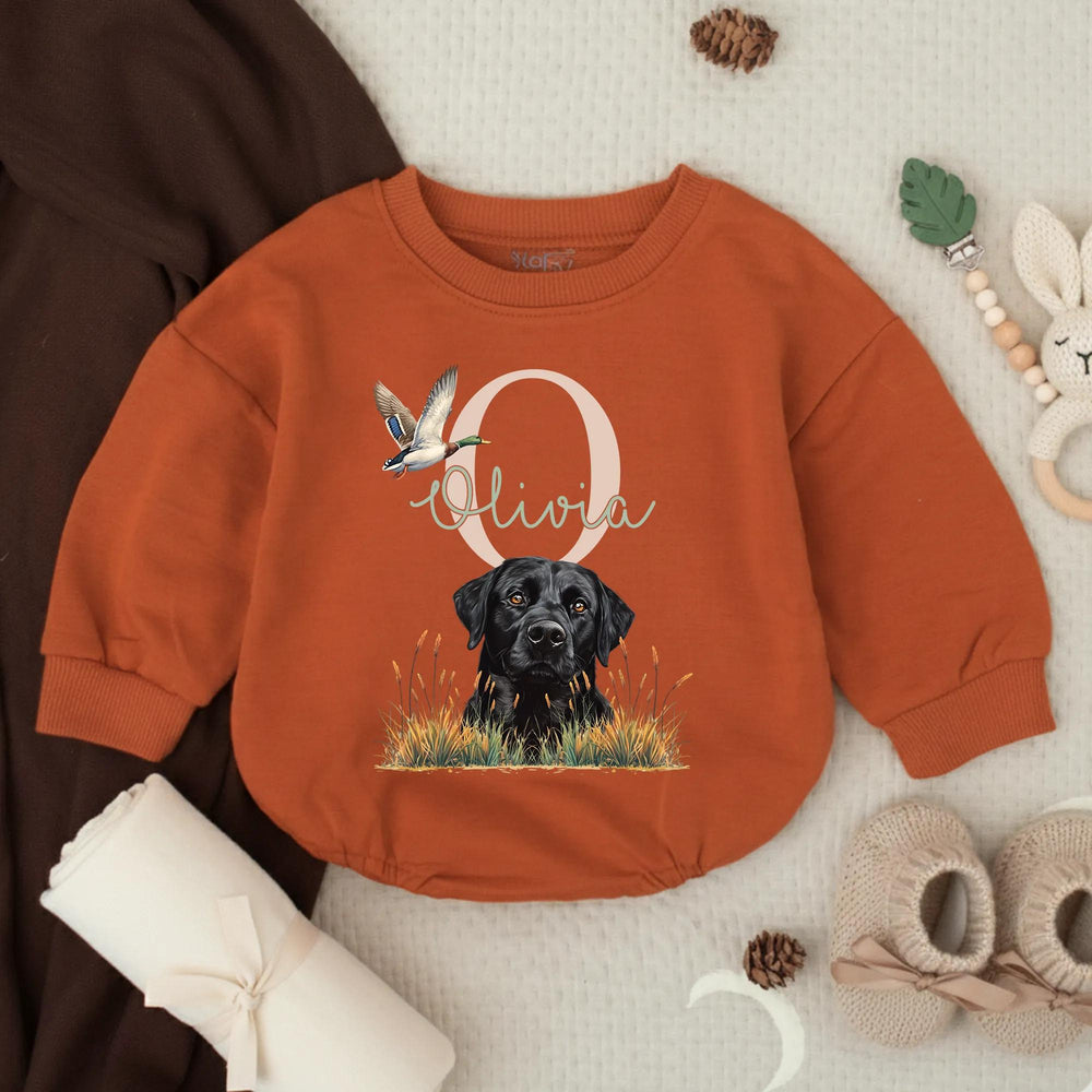 Personalized Black Lab Baby Romper with Mallard Duck Design, Hunting-Themed Outfit for Girls, Custom Name, Soft Cotton Infant Clothes