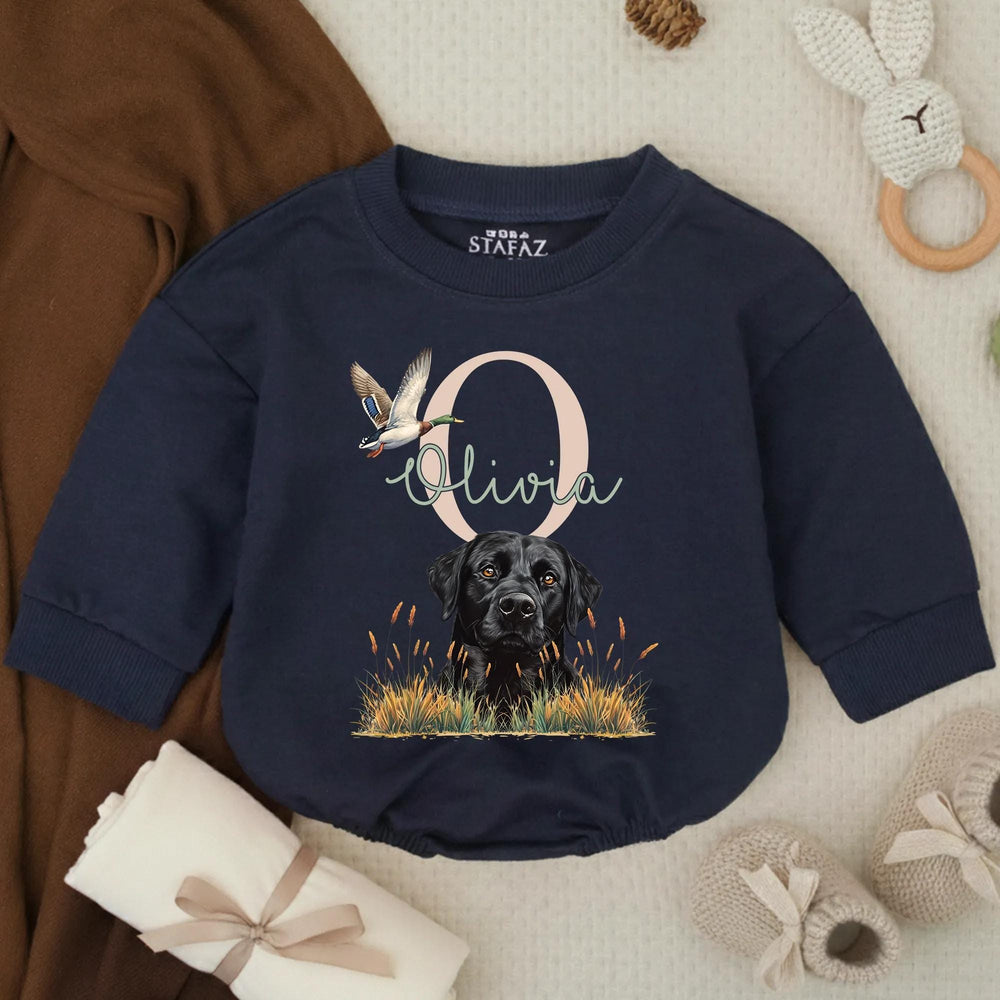 Personalized Black Lab Baby Romper with Mallard Duck Design, Hunting-Themed Outfit for Girls, Custom Name, Soft Cotton Infant Clothes