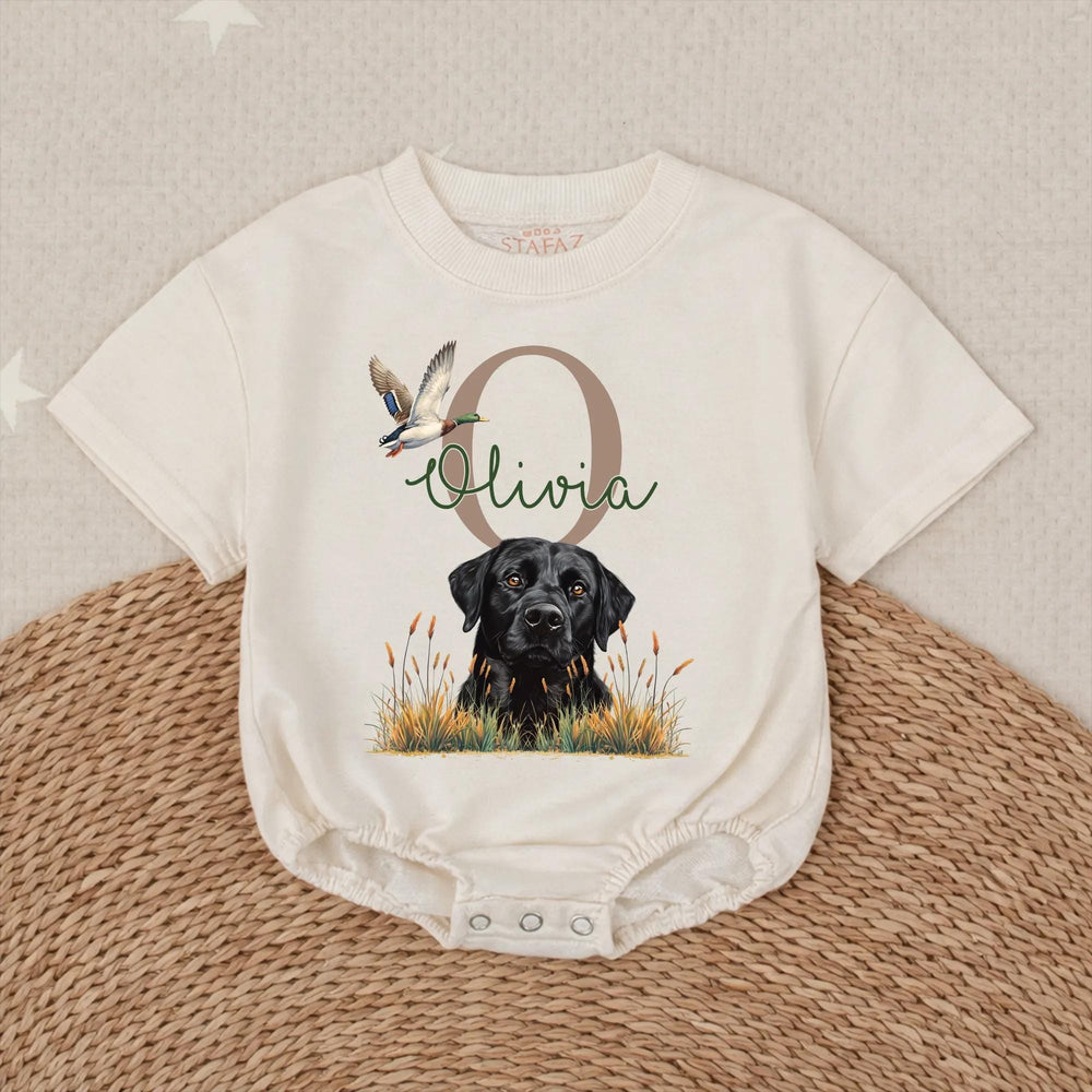 Personalized Black Lab Baby Romper with Mallard Duck Design, Hunting-Themed Outfit for Girls, Custom Name, Soft Cotton Infant Clothes