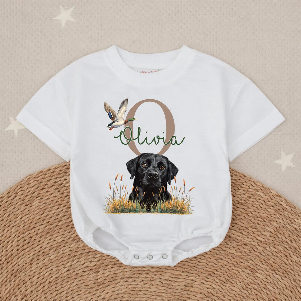 Personalized Black Lab Baby Romper with Mallard Duck Design, Hunting-Themed Outfit for Girls, Custom Name, Soft Cotton Infant Clothes