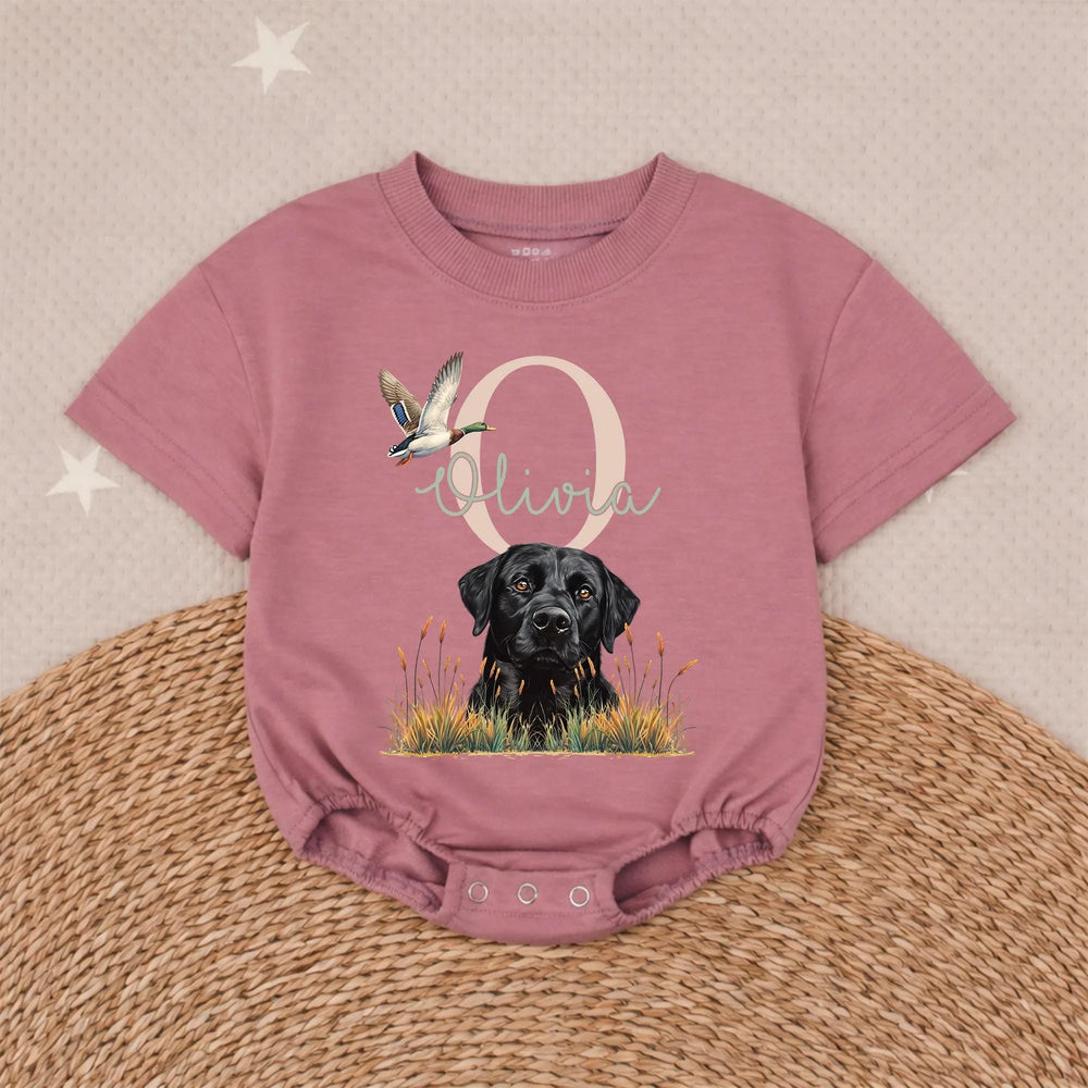 Personalized Black Lab Baby Romper with Mallard Duck Design, Hunting-Themed Outfit for Girls, Custom Name, Soft Cotton Infant Clothes