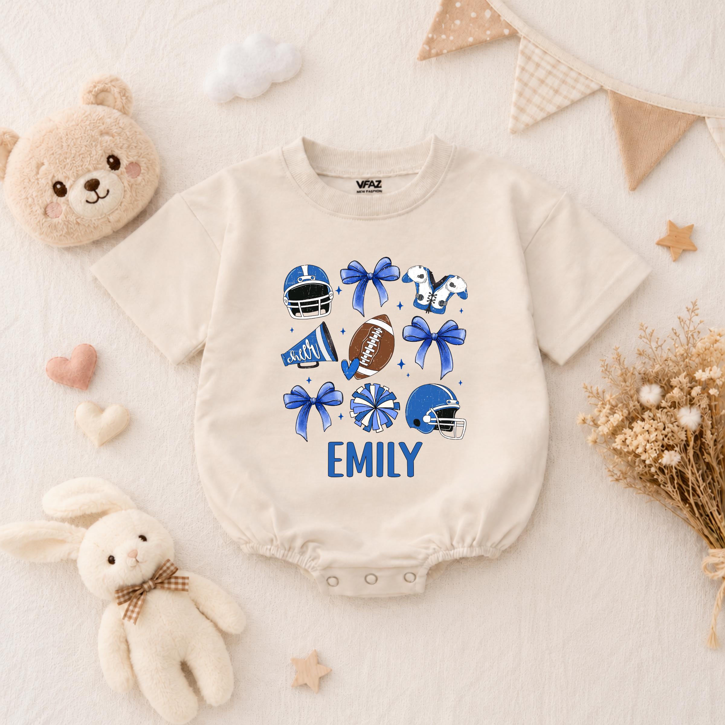 Personalized Blue Bow Football Baby Romper with Custom Name Cheer Design, Soft and Playful Game Day Outfit for Baby Girls and Newborns