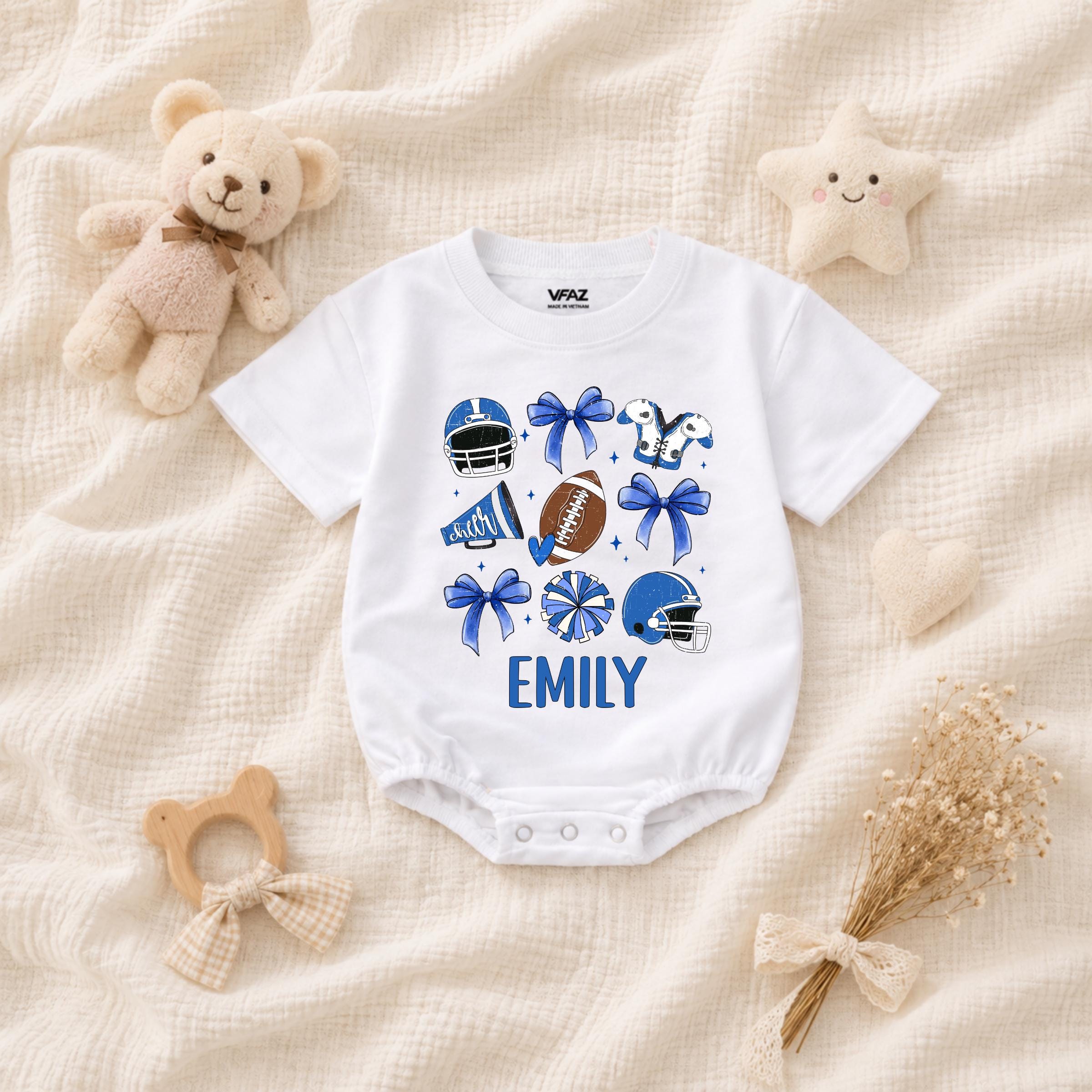 Personalized Blue Bow Football Baby Romper with Custom Name Cheer Design, Soft and Playful Game Day Outfit for Baby Girls and Newborns