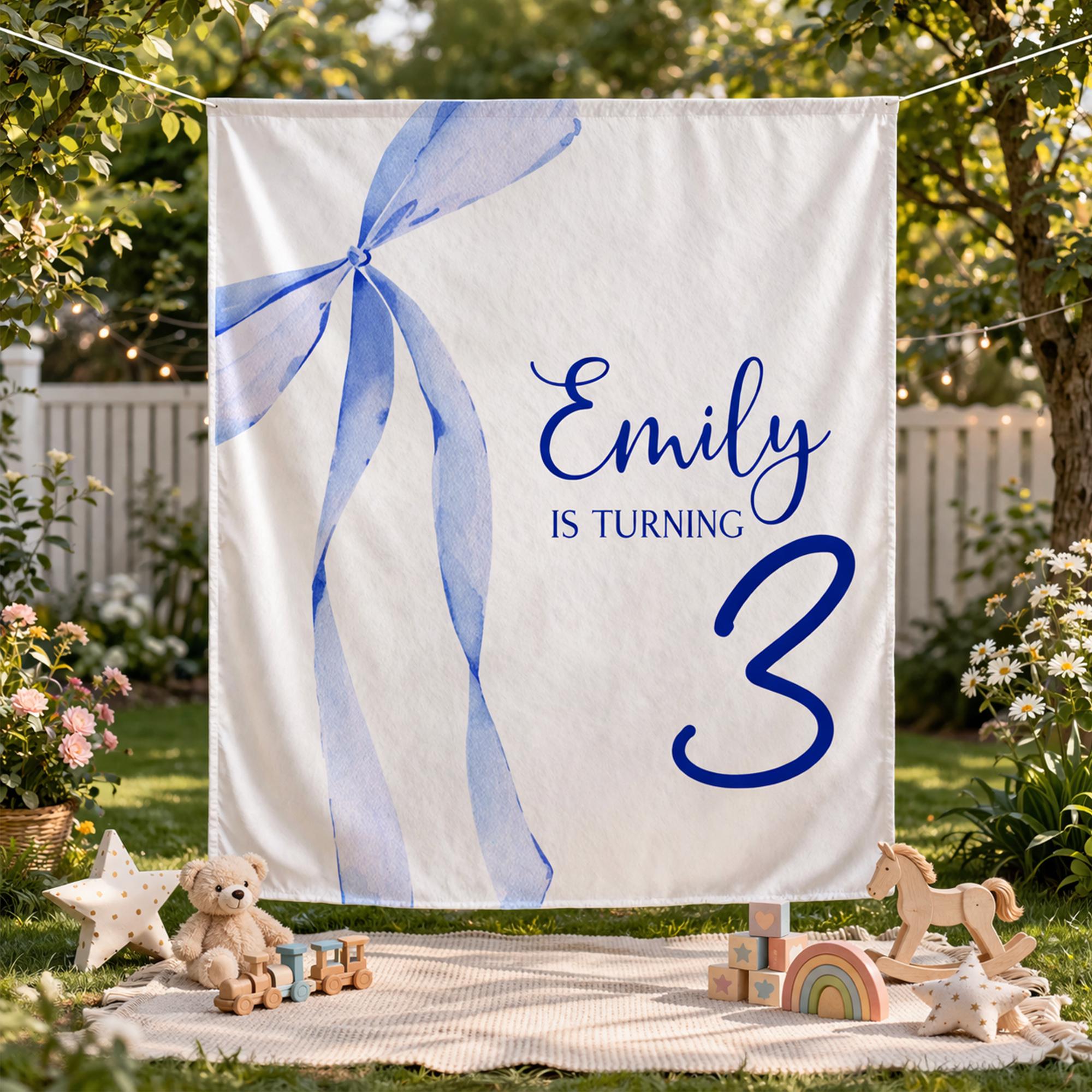 Personalized Blue Bow Silk Banner for 3rd Birthday Party, Custom Name Girl Backdrop, Watercolor Theme Decor for Toddler Celebration