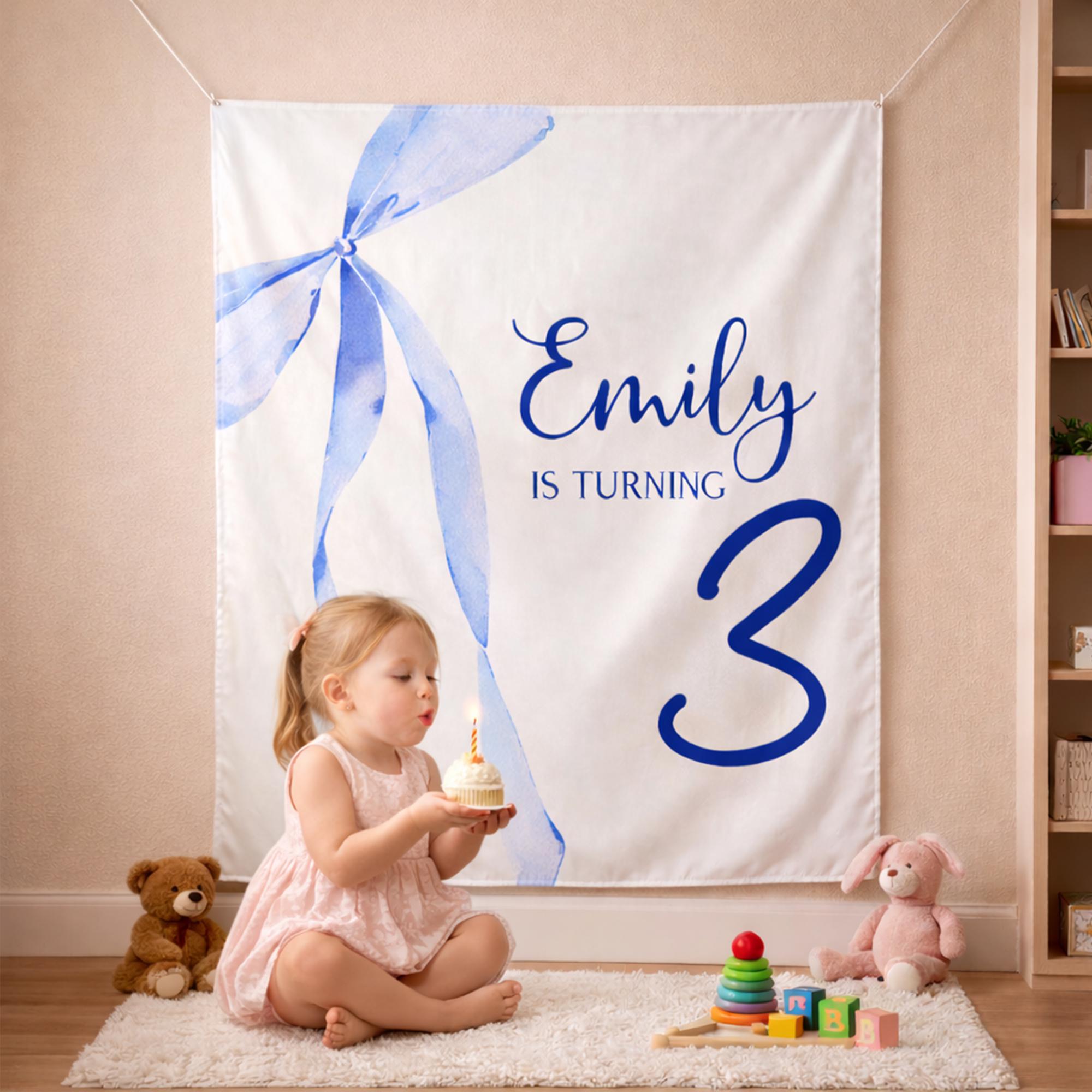 Personalized Blue Bow Silk Banner for 3rd Birthday Party, Custom Name Girl Backdrop, Watercolor Theme Decor for Toddler Celebration