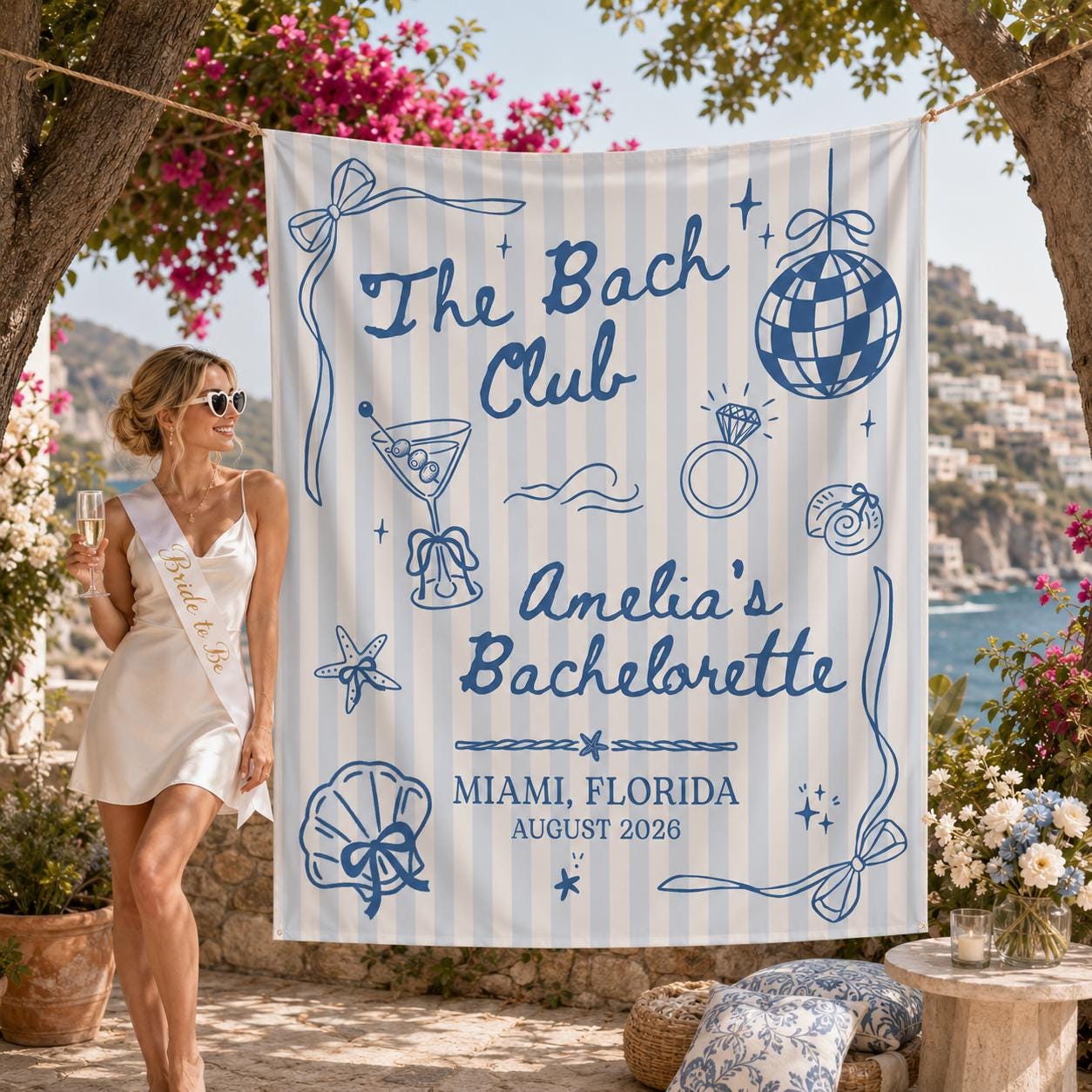Personalized Blue Coastal Bachelorette Banner with Retro Nautical Beach Design, The Bach Club Miami Party Decor, Bride to Be Backdrop 2026