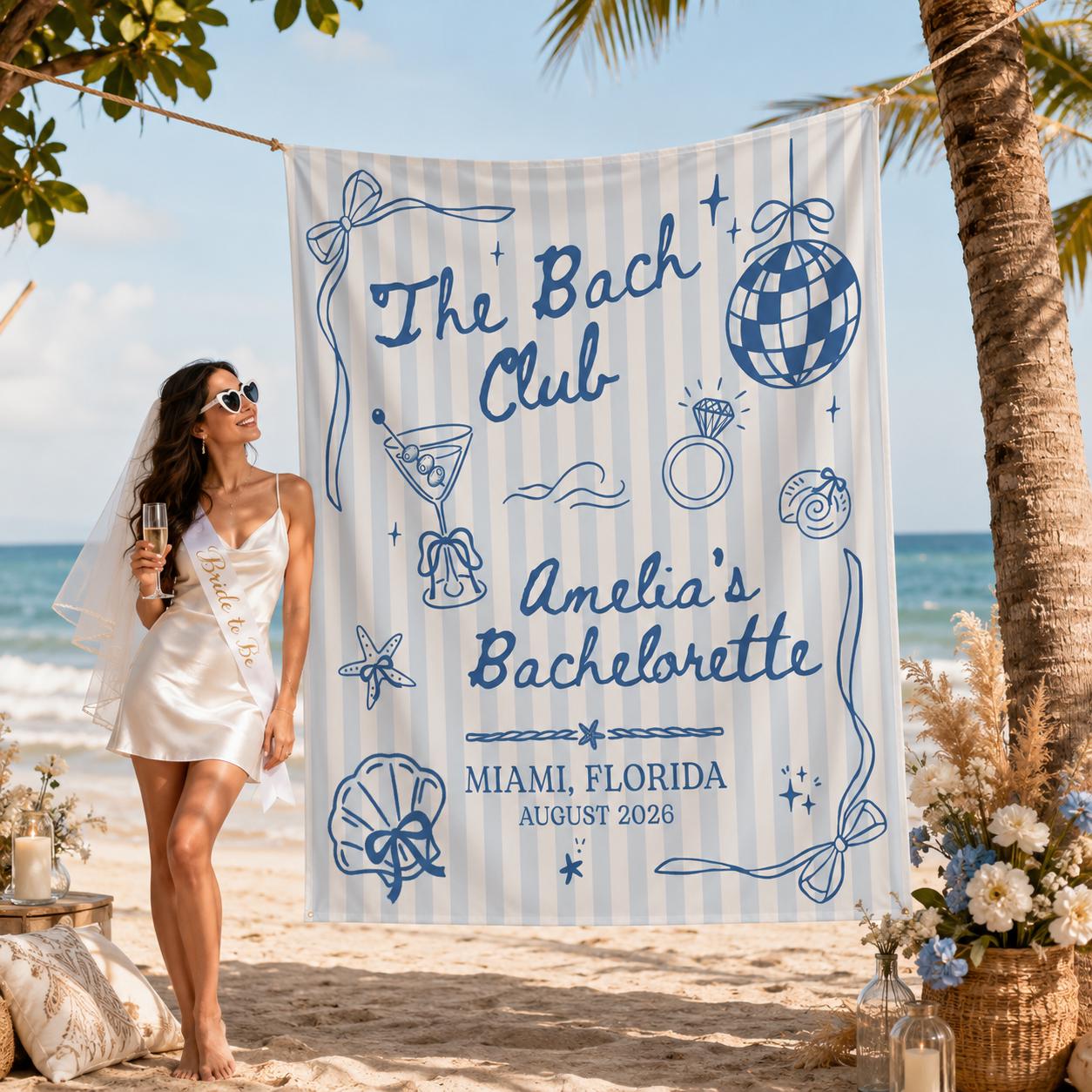 Personalized Blue Coastal Bachelorette Banner with Retro Nautical Beach Design, The Bach Club Miami Party Decor, Bride to Be Backdrop 2026