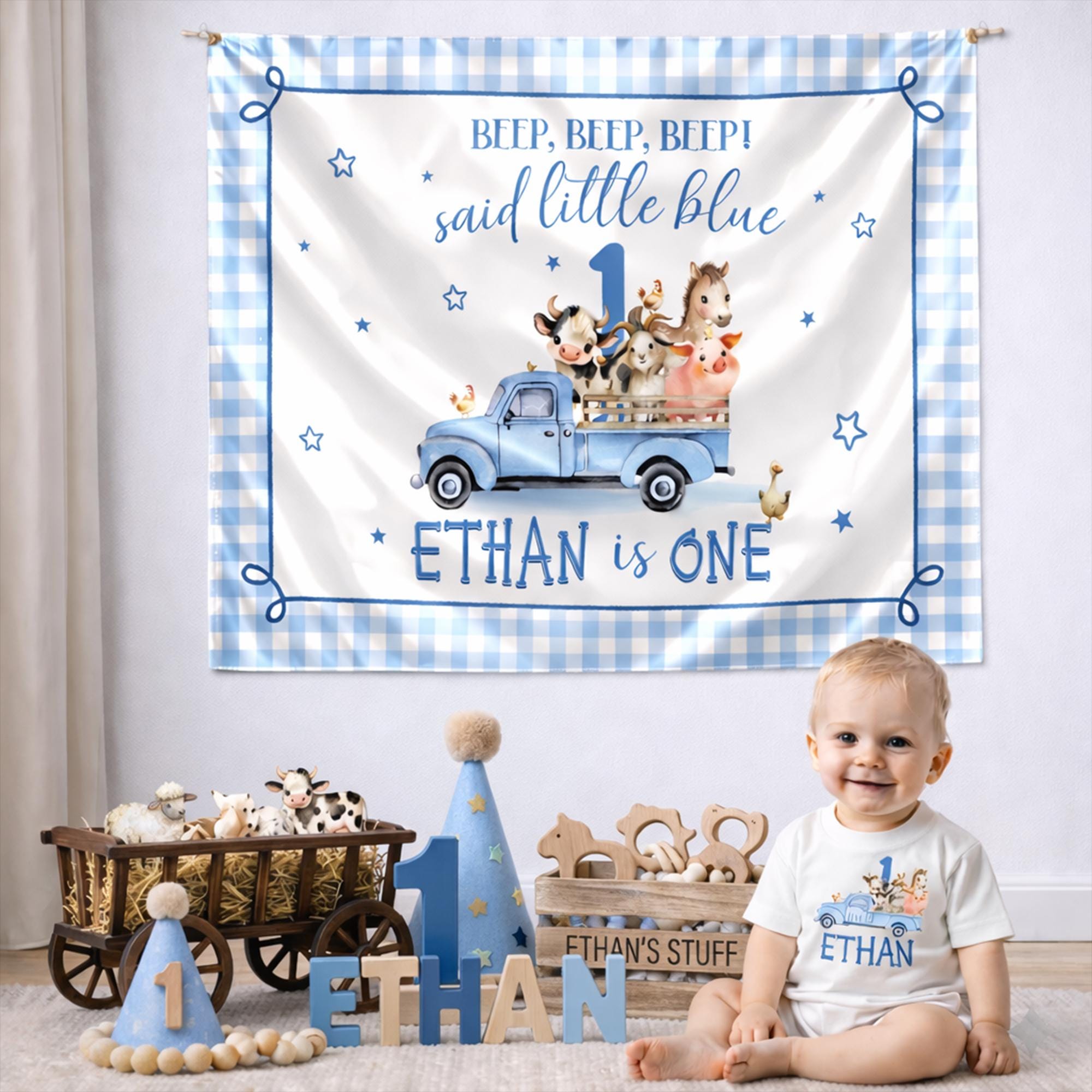 Personalized Blue Farm Truck 1st Birthday Outfit and Banner Set with Adorable Animals for Baby Boy Celebration, Custom Name Party Decor