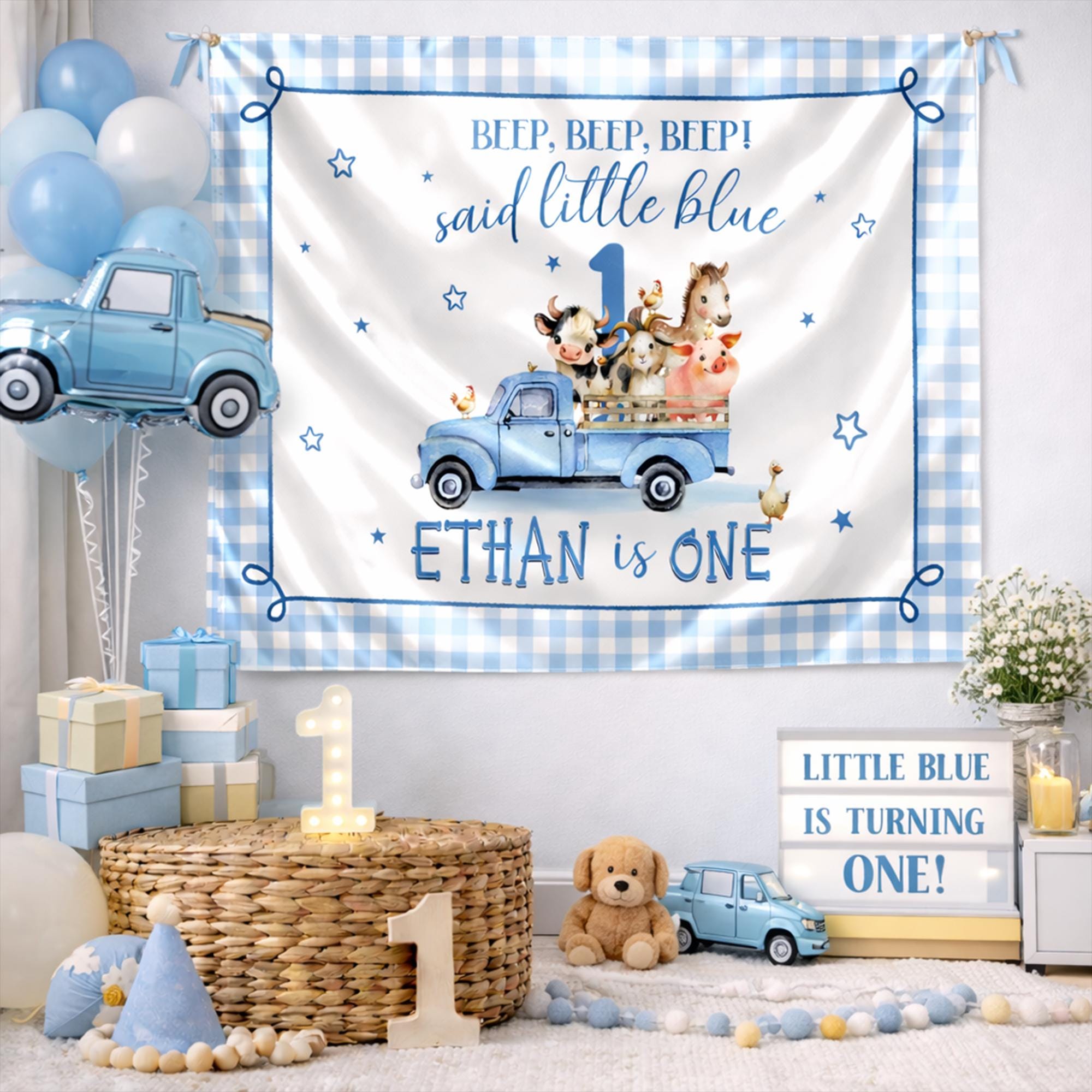 Personalized Blue Farm Truck 1st Birthday Outfit and Banner Set with Adorable Animals for Baby Boy Celebration, Custom Name Party Decor