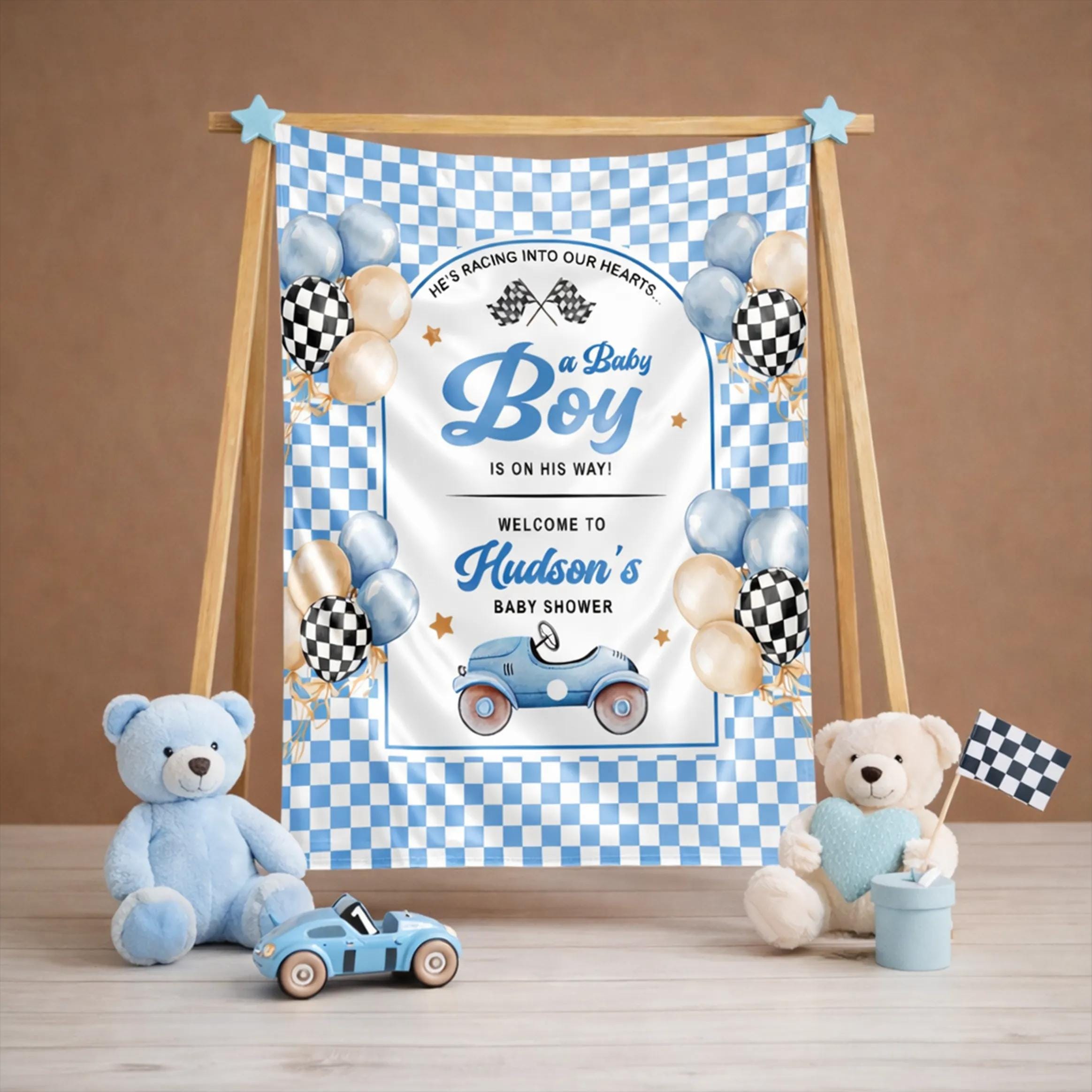 Personalized Blue Race Car Baby Shower Welcome Sign with Retro Racing Theme, Custom Silk Entrance Poster for Boy's Party Decor